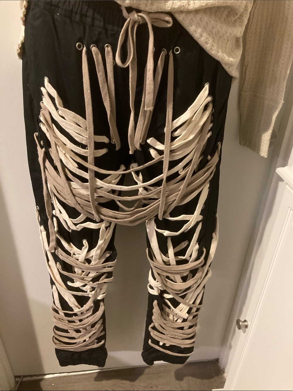 Black Track Joggers with Cream Lace-Up Detail